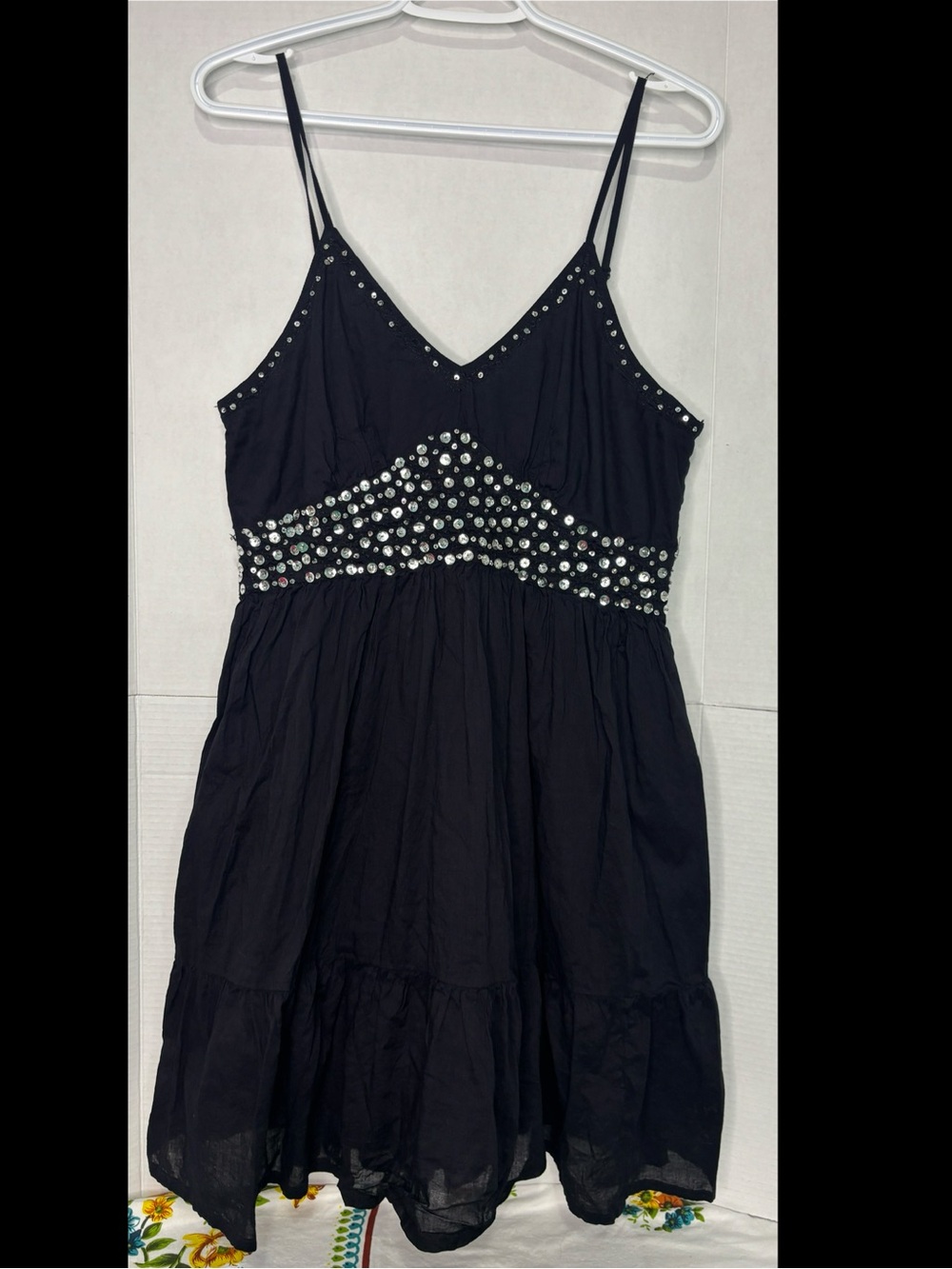 VENUS Women’s Black Smocked Waist Spaghetti Strap Dress Silver Sequins